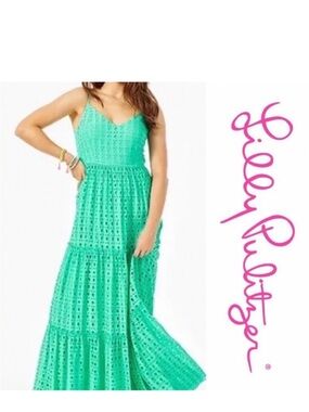 Lilly Pulitzer Teal Eyelet Maxi Dress with Spaghetti Straps
